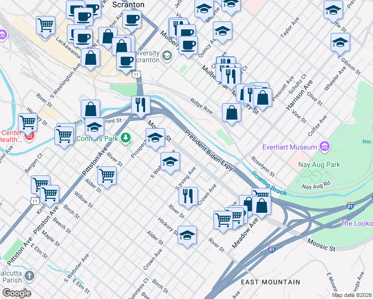 map of restaurants, bars, coffee shops, grocery stores, and more near Scranton Expressway in Scranton