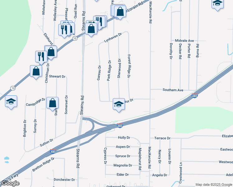 map of restaurants, bars, coffee shops, grocery stores, and more near 6152 Sherwood Drive in North Olmsted