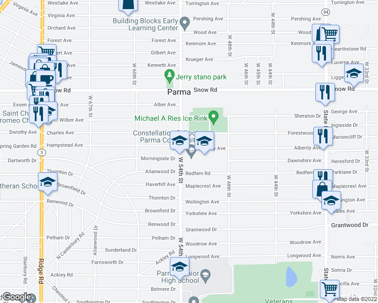 map of restaurants, bars, coffee shops, grocery stores, and more near 5215 Albertly Avenue in Parma