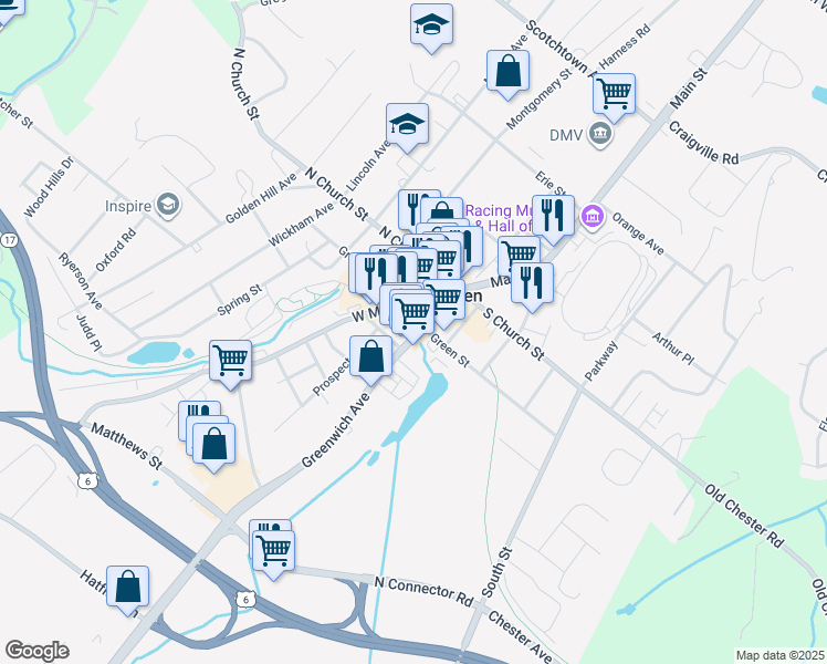 map of restaurants, bars, coffee shops, grocery stores, and more near 125 Main Street in Goshen