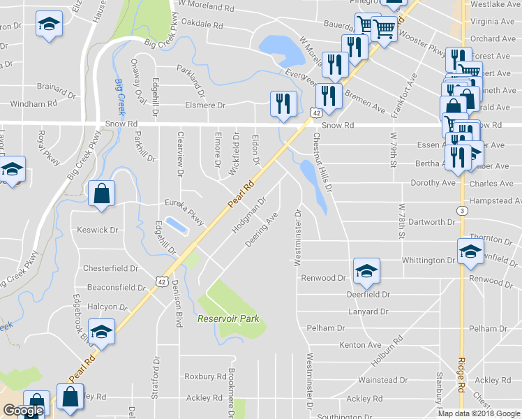map of restaurants, bars, coffee shops, grocery stores, and more near 5927 Hodgeman Dr in Parma Heights
