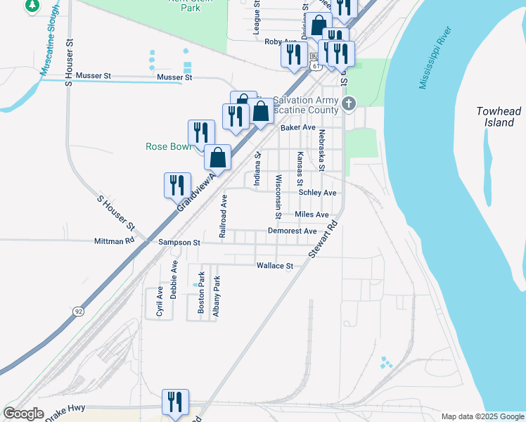 map of restaurants, bars, coffee shops, grocery stores, and more near 1409 Wisconsin Street in Muscatine
