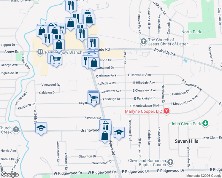 map of restaurants, bars, coffee shops, grocery stores, and more near 1204 Clearview Avenue in Parma