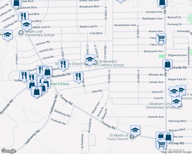 map of restaurants, bars, coffee shops, grocery stores, and more near 13717 Carpenter Road in Garfield Heights