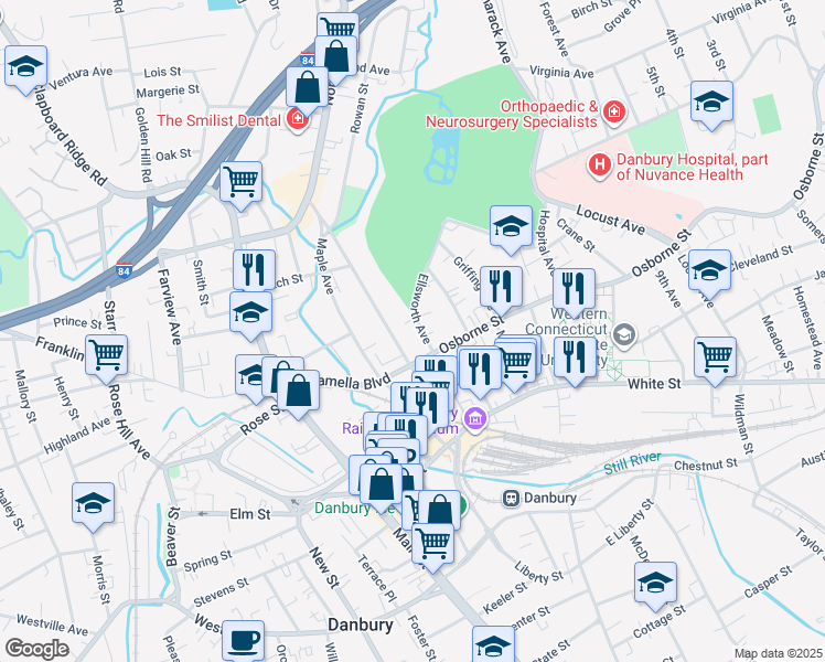 map of restaurants, bars, coffee shops, grocery stores, and more near 9 Ellsworth Avenue in Danbury