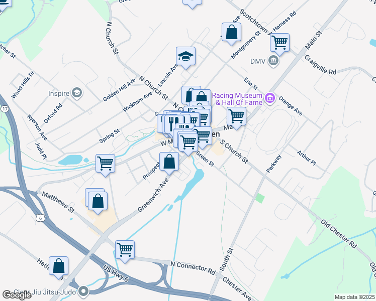 map of restaurants, bars, coffee shops, grocery stores, and more near 125 Main Street in Goshen