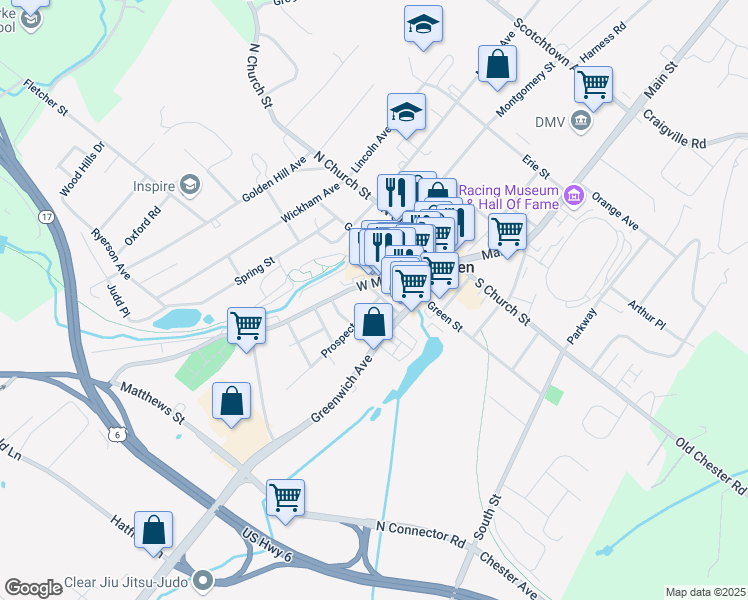 map of restaurants, bars, coffee shops, grocery stores, and more near 201 West Main Street in Goshen