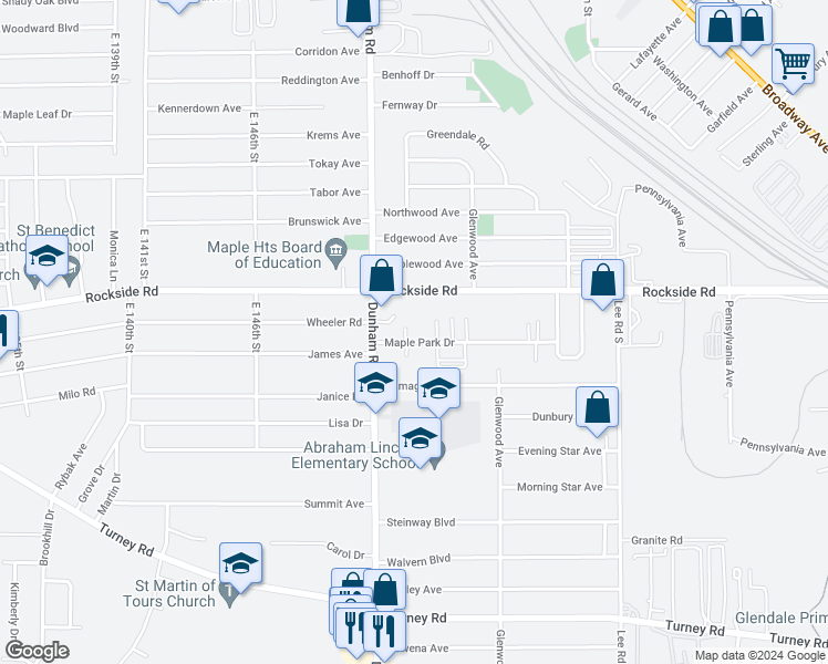 map of restaurants, bars, coffee shops, grocery stores, and more near 15444 Rockside Road in Maple Heights