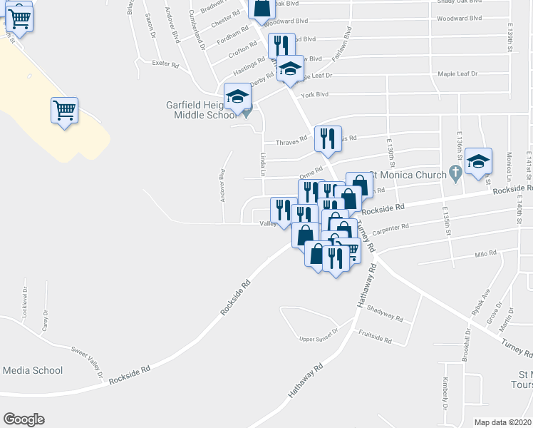 map of restaurants, bars, coffee shops, grocery stores, and more near 12112 Havana Road in Garfield Heights