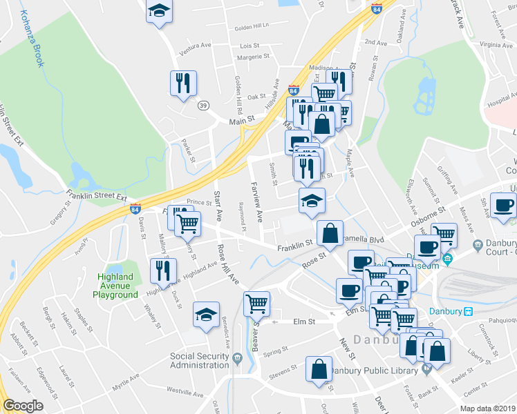 map of restaurants, bars, coffee shops, grocery stores, and more near 20 Farview Avenue in Danbury