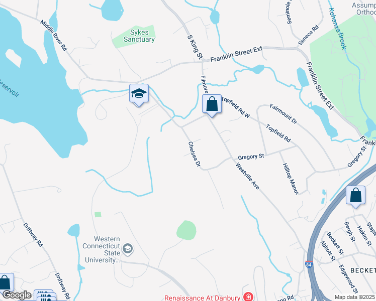 map of restaurants, bars, coffee shops, grocery stores, and more near 20 Chelsea Drive in Danbury