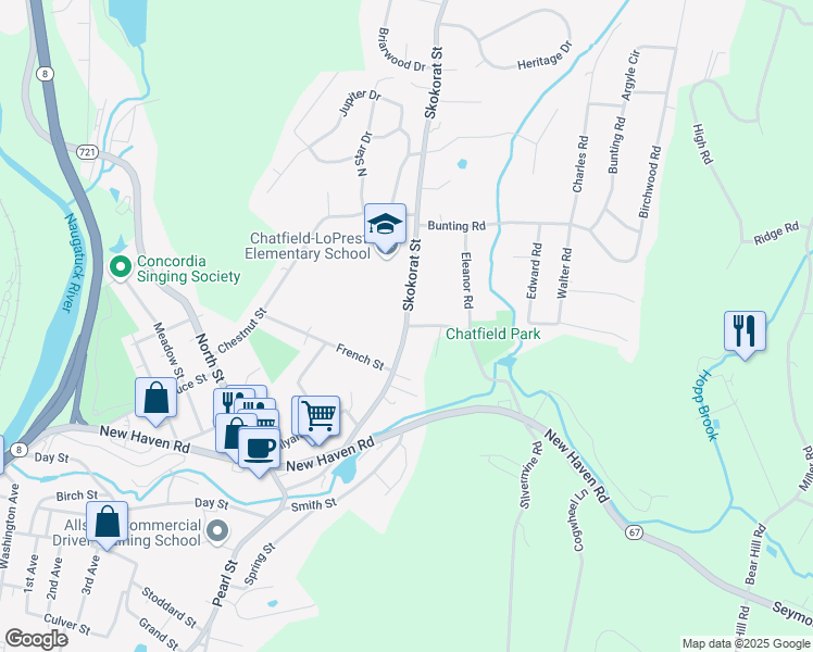 map of restaurants, bars, coffee shops, grocery stores, and more near Skokorat St & Chatfield St in Seymour