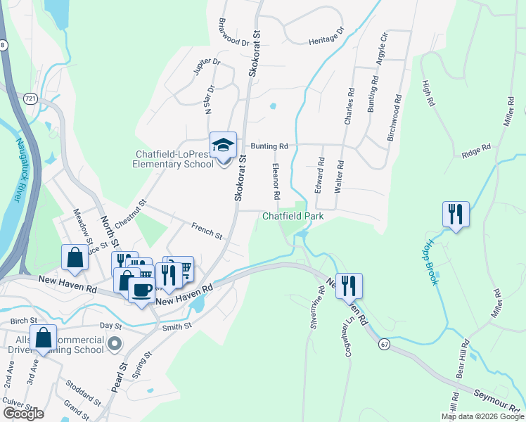 map of restaurants, bars, coffee shops, grocery stores, and more near 9 Chatfield Street in Seymour