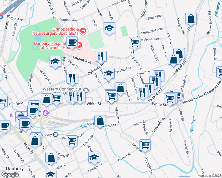 map of restaurants, bars, coffee shops, grocery stores, and more near 22 Locust Avenue in Danbury