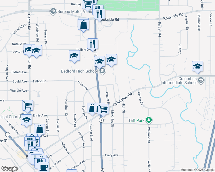 map of restaurants, bars, coffee shops, grocery stores, and more near 531 Helper Drive in Bedford