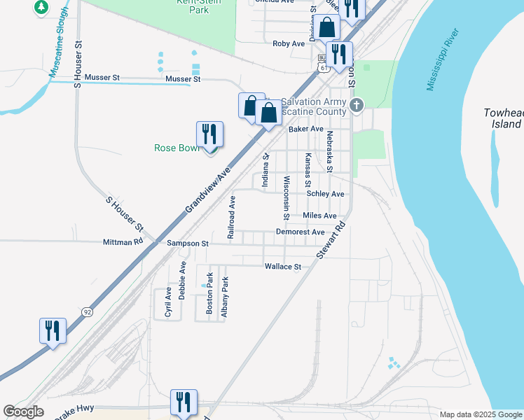 map of restaurants, bars, coffee shops, grocery stores, and more near 1409 Wisconsin Street in Muscatine