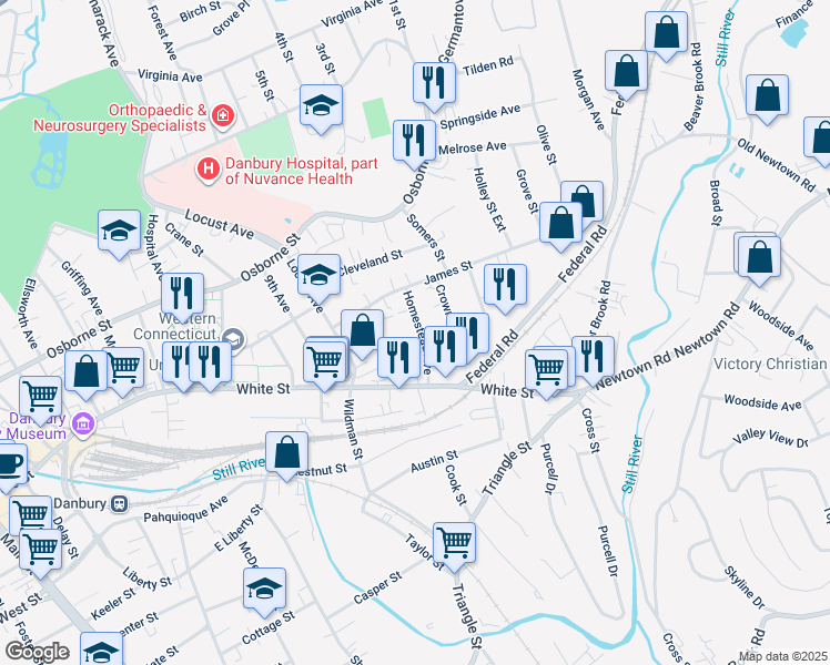map of restaurants, bars, coffee shops, grocery stores, and more near 16 Homestead Avenue in Danbury