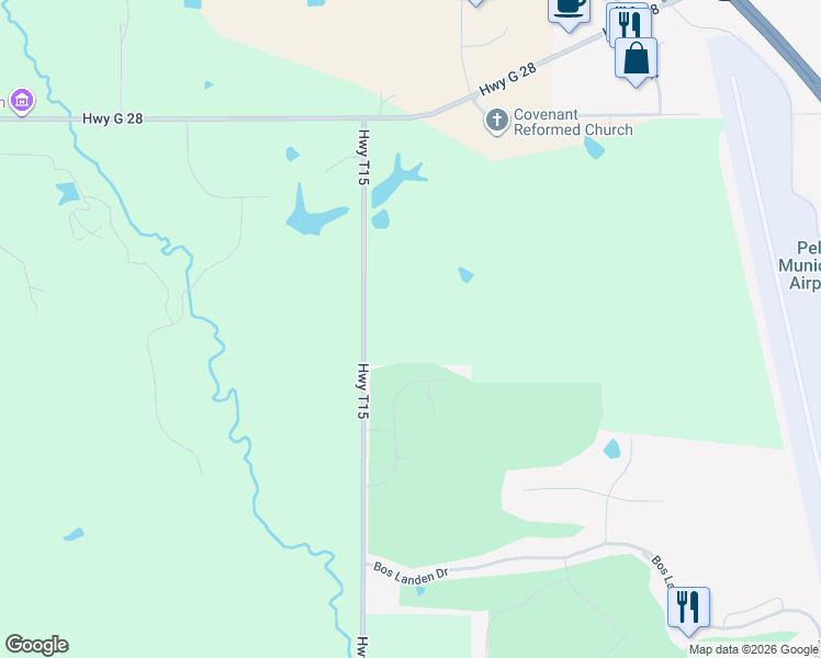 map of restaurants, bars, coffee shops, grocery stores, and more near 848 Highway T15 in Pella