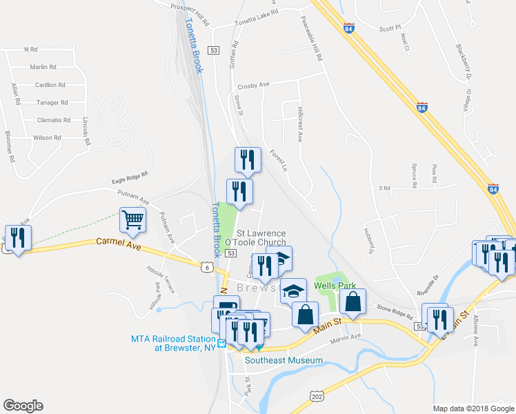 map of restaurants, bars, coffee shops, grocery stores, and more near 48 Center Street in Brewster