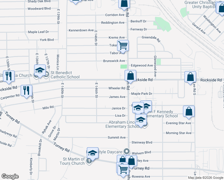 map of restaurants, bars, coffee shops, grocery stores, and more near 14705 Wheeler Road in Maple Heights