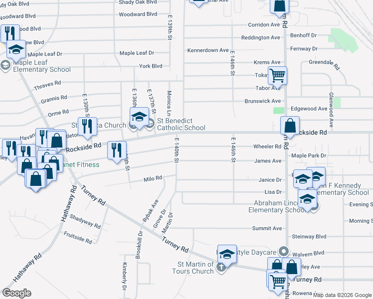 map of restaurants, bars, coffee shops, grocery stores, and more near 14101 Wheeler Road in Maple Heights