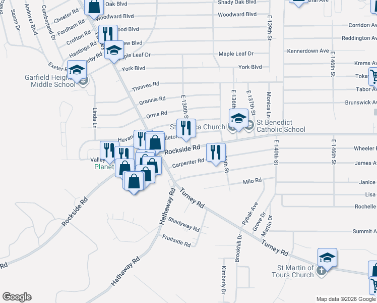 map of restaurants, bars, coffee shops, grocery stores, and more near 12919 Rockside Road in Garfield Heights