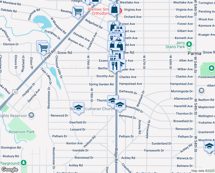 map of restaurants, bars, coffee shops, grocery stores, and more near 7510 Spring Garden Road in Parma