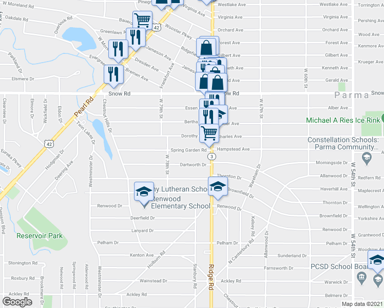 map of restaurants, bars, coffee shops, grocery stores, and more near 7510 Spring Garden Road in Parma
