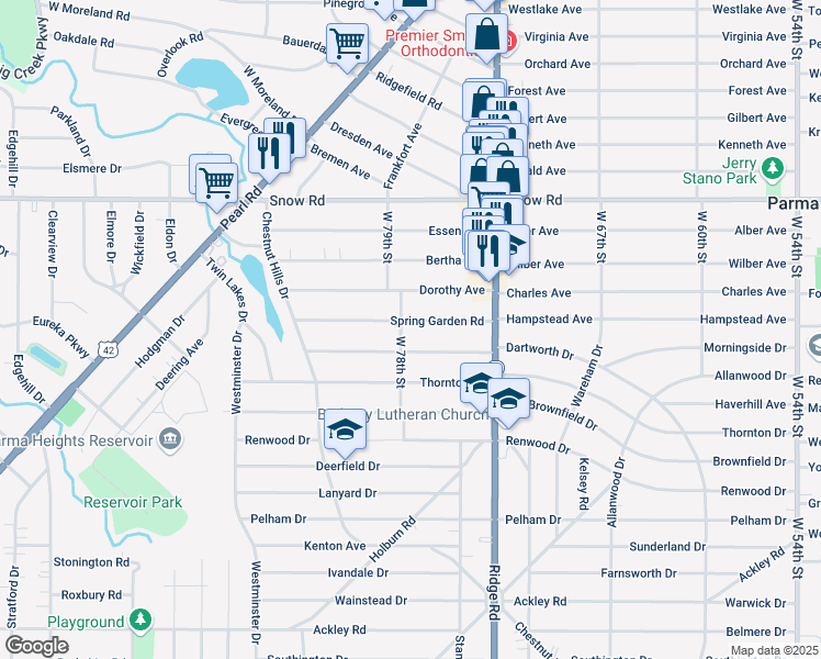map of restaurants, bars, coffee shops, grocery stores, and more near 7712 Spring Garden Road in Parma