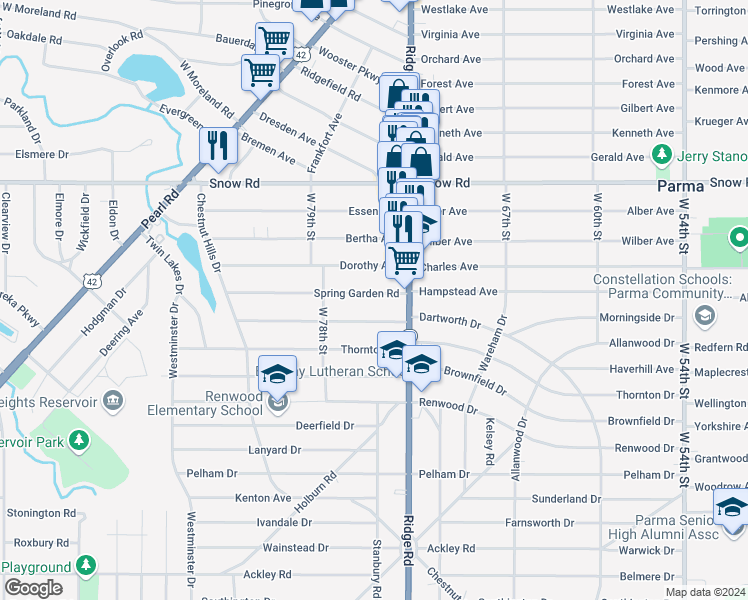 map of restaurants, bars, coffee shops, grocery stores, and more near 7475 Spring Garden Road in Parma