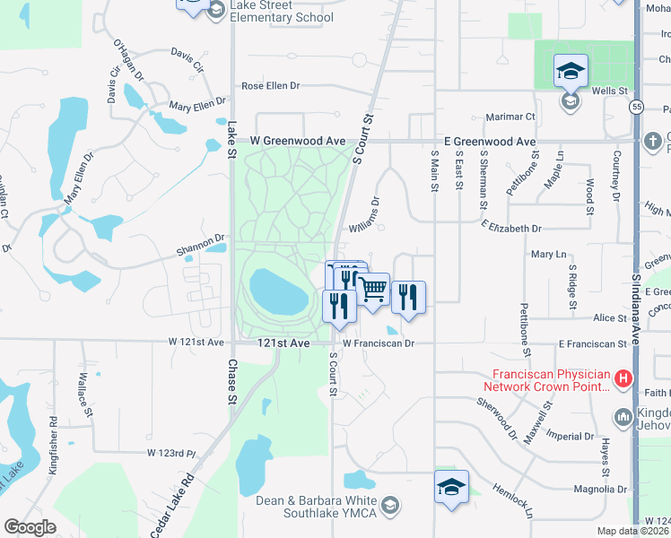map of restaurants, bars, coffee shops, grocery stores, and more near 299 Grace Court in Crown Point