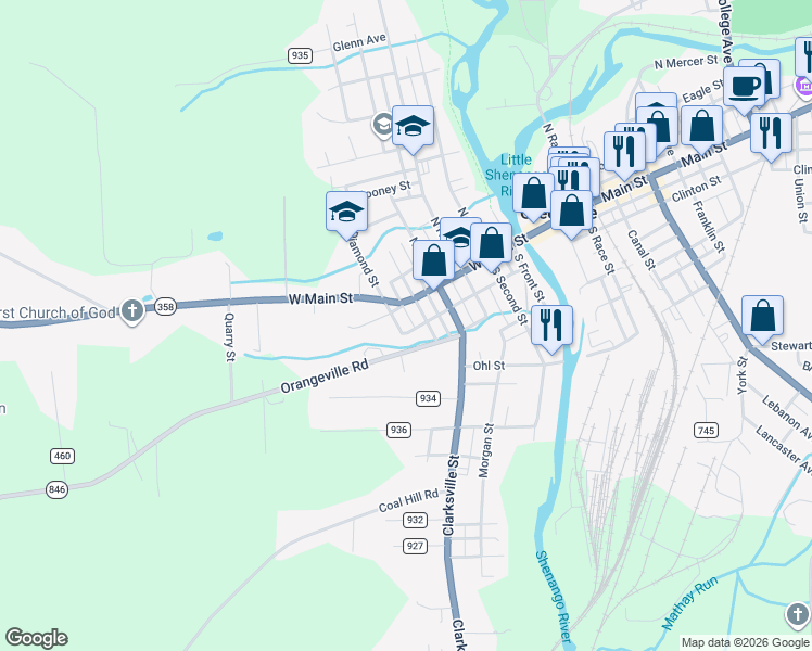 map of restaurants, bars, coffee shops, grocery stores, and more near 19-99 S Wood St in Greenville