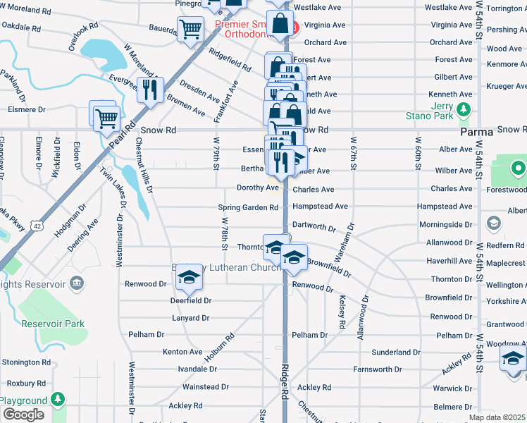 map of restaurants, bars, coffee shops, grocery stores, and more near 7510 Spring Garden Road in Parma