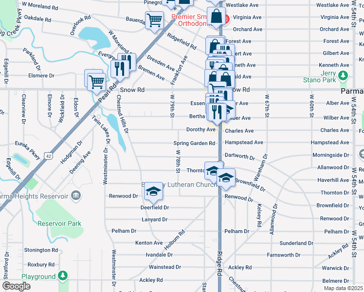 map of restaurants, bars, coffee shops, grocery stores, and more near 7712 Spring Garden Road in Parma