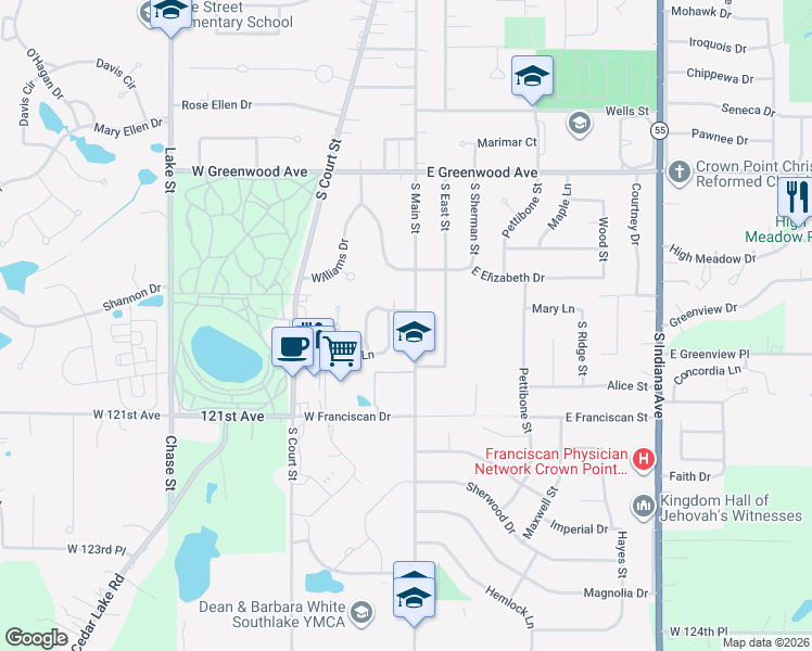 map of restaurants, bars, coffee shops, grocery stores, and more near 901 South Main Street in Crown Point