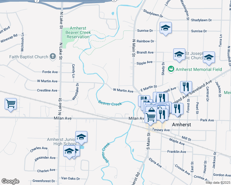 map of restaurants, bars, coffee shops, grocery stores, and more near 244 West Martin Avenue in Amherst