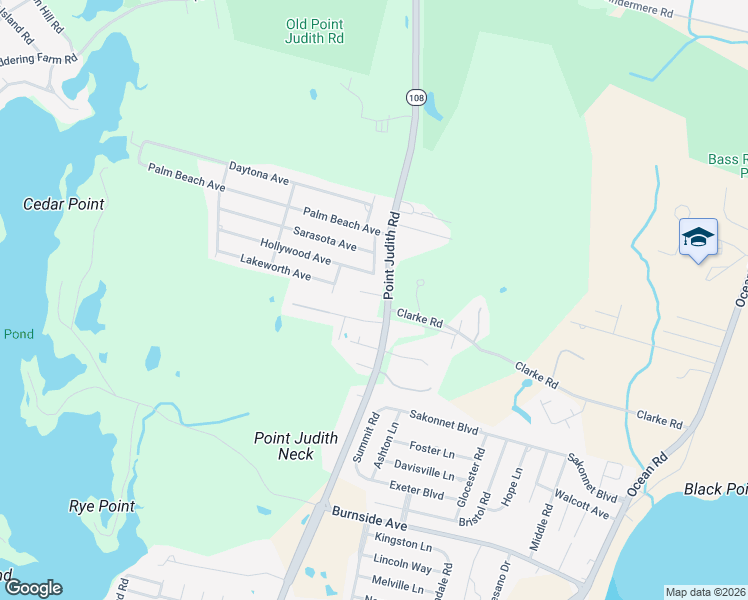 map of restaurants, bars, coffee shops, grocery stores, and more near 603 Rhode Island 108 in Narragansett