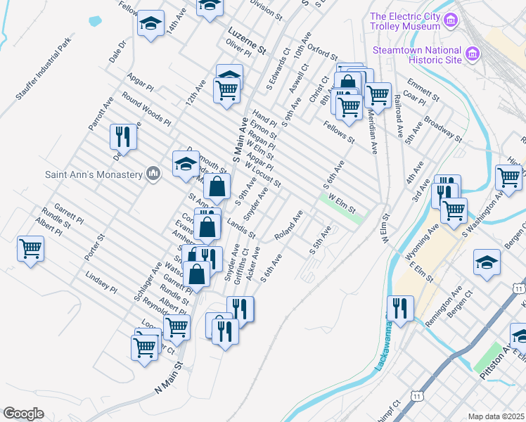 map of restaurants, bars, coffee shops, grocery stores, and more near 806 Archbald Street in Scranton