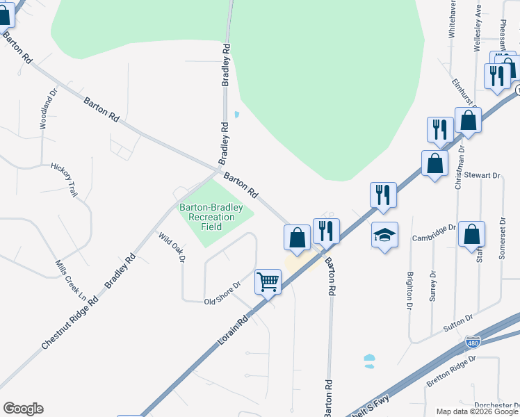 map of restaurants, bars, coffee shops, grocery stores, and more near 6049 Barton Road in North Olmsted