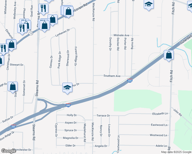 map of restaurants, bars, coffee shops, grocery stores, and more near 28080 Southern Avenue in North Olmsted