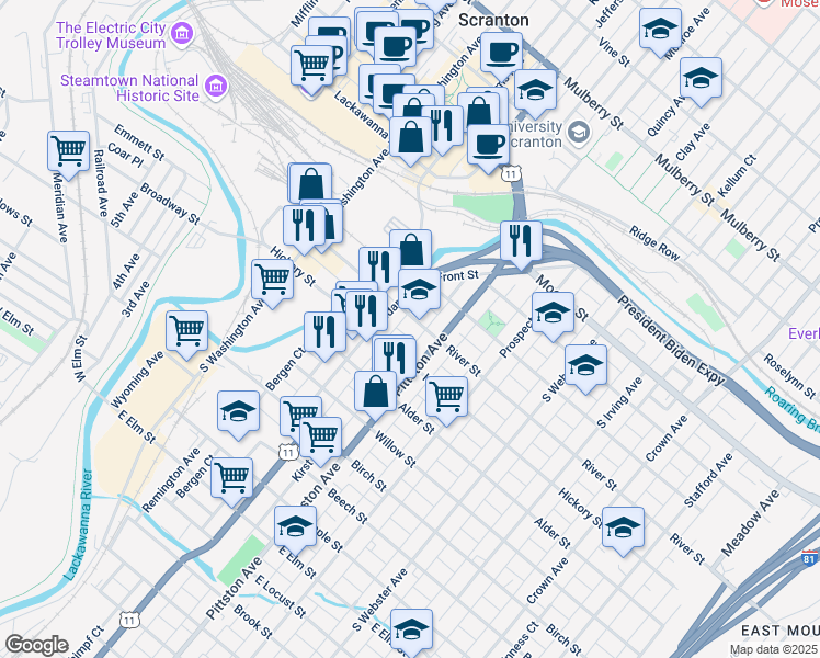 map of restaurants, bars, coffee shops, grocery stores, and more near 422 South River Street in Scranton