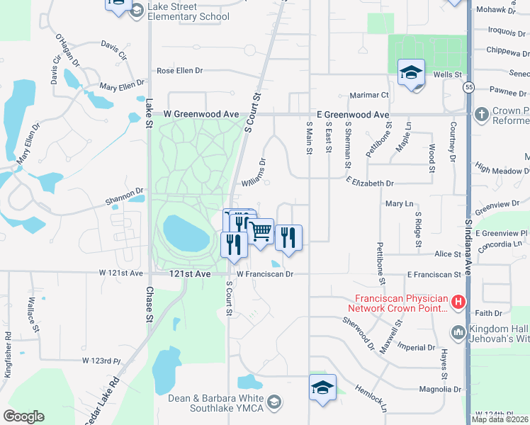 map of restaurants, bars, coffee shops, grocery stores, and more near 201-299 Grace Court in Crown Point