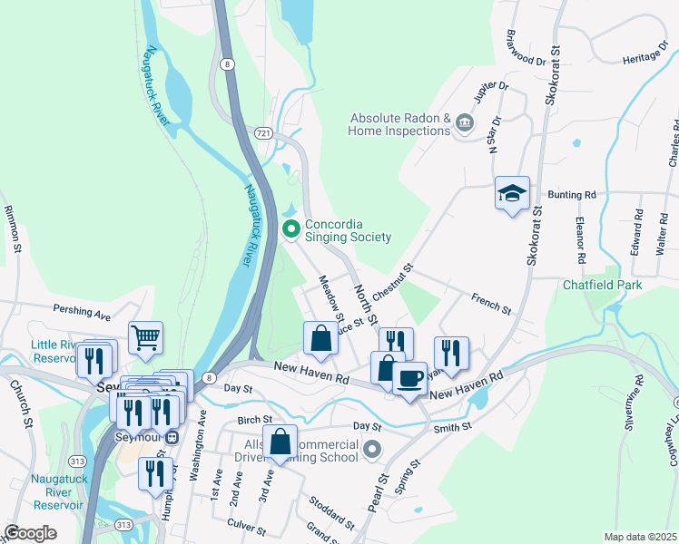 map of restaurants, bars, coffee shops, grocery stores, and more near 43 Nichols Street in Seymour