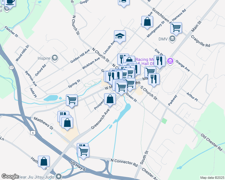 map of restaurants, bars, coffee shops, grocery stores, and more near 28 High Street in Goshen