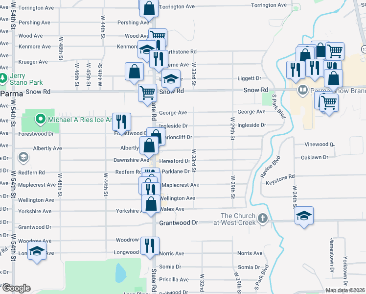 map of restaurants, bars, coffee shops, grocery stores, and more near 3322 Commonwealth Drive in Parma