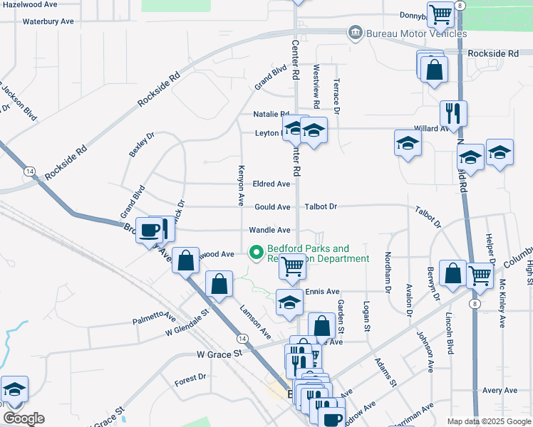 map of restaurants, bars, coffee shops, grocery stores, and more near 40 Gould Avenue in Bedford