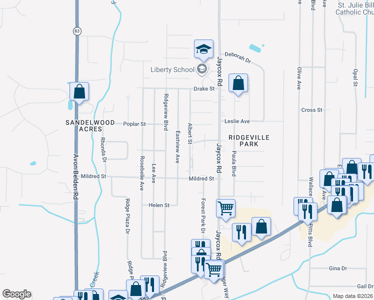 map of restaurants, bars, coffee shops, grocery stores, and more near 6088 Albert Street in North Ridgeville