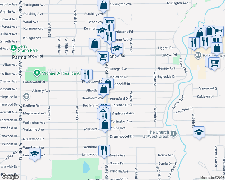 map of restaurants, bars, coffee shops, grocery stores, and more near 3438 Commonwealth Drive in Parma