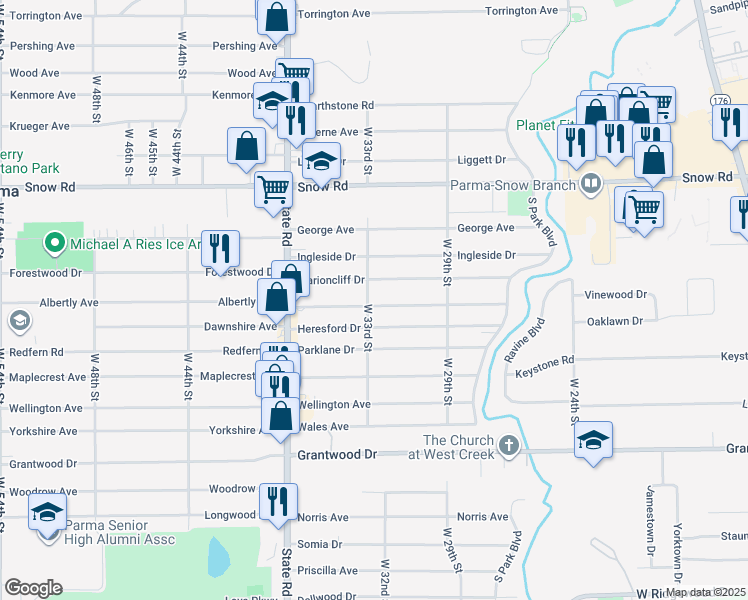 map of restaurants, bars, coffee shops, grocery stores, and more near 3210 Commonwealth Drive in Parma