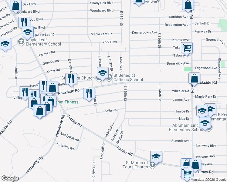 map of restaurants, bars, coffee shops, grocery stores, and more near 13717 Carpenter Road in Garfield Heights